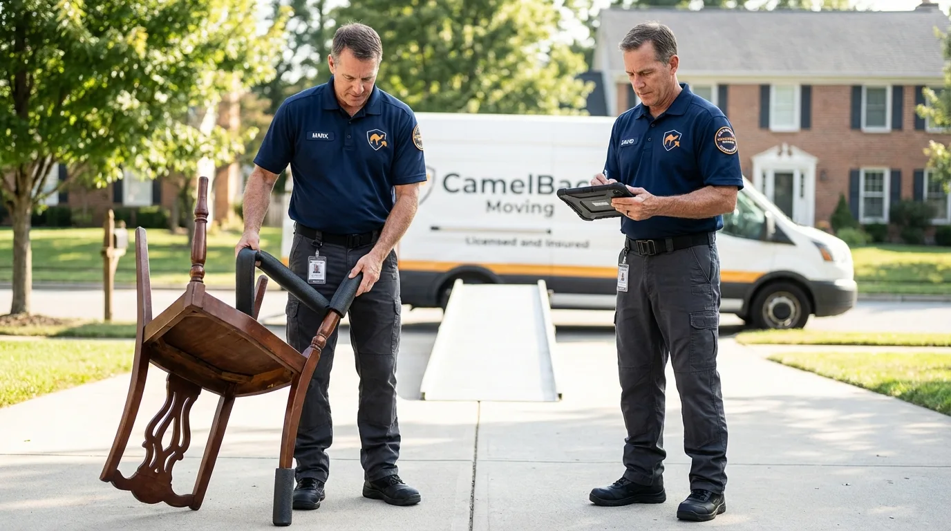 Movers inspecting furniture for damage prevention before loading in Hamlin, WV